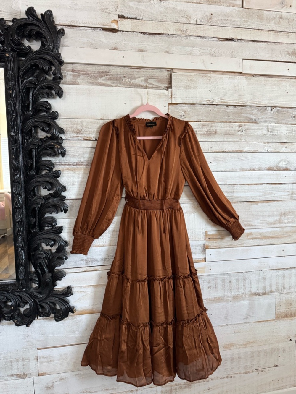 Rust Brown Long Sleeve Tiered Maxi Dress